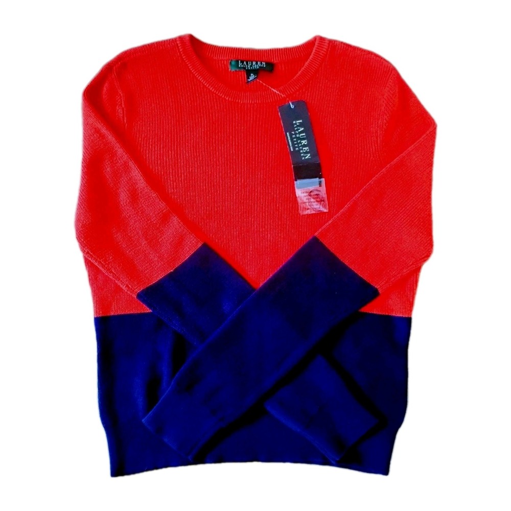 Lauren Ralph Lauren‎ Petite Large Orange And Navy Colorblock Cotton Sweater NWT